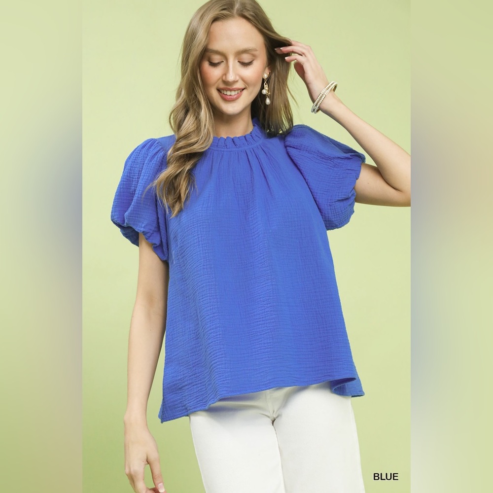 Umgee Textured Gauze Ruffle Neck Boho Top
